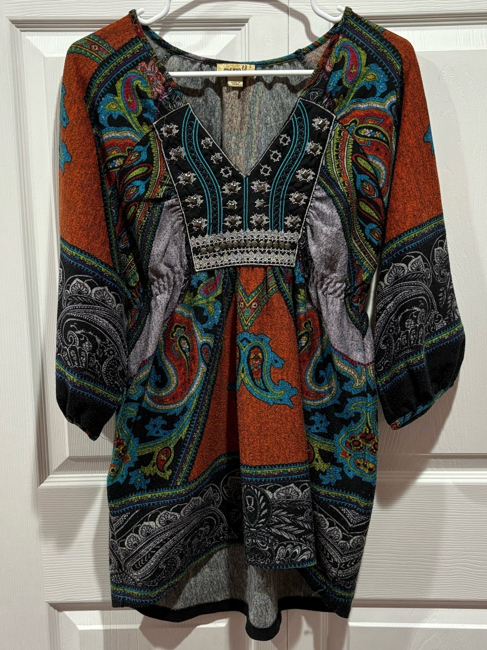ONE WORLD Women’s Multicolor 3/4 Sleeve Bohemian Pattern Tunic Shirt Top -size S